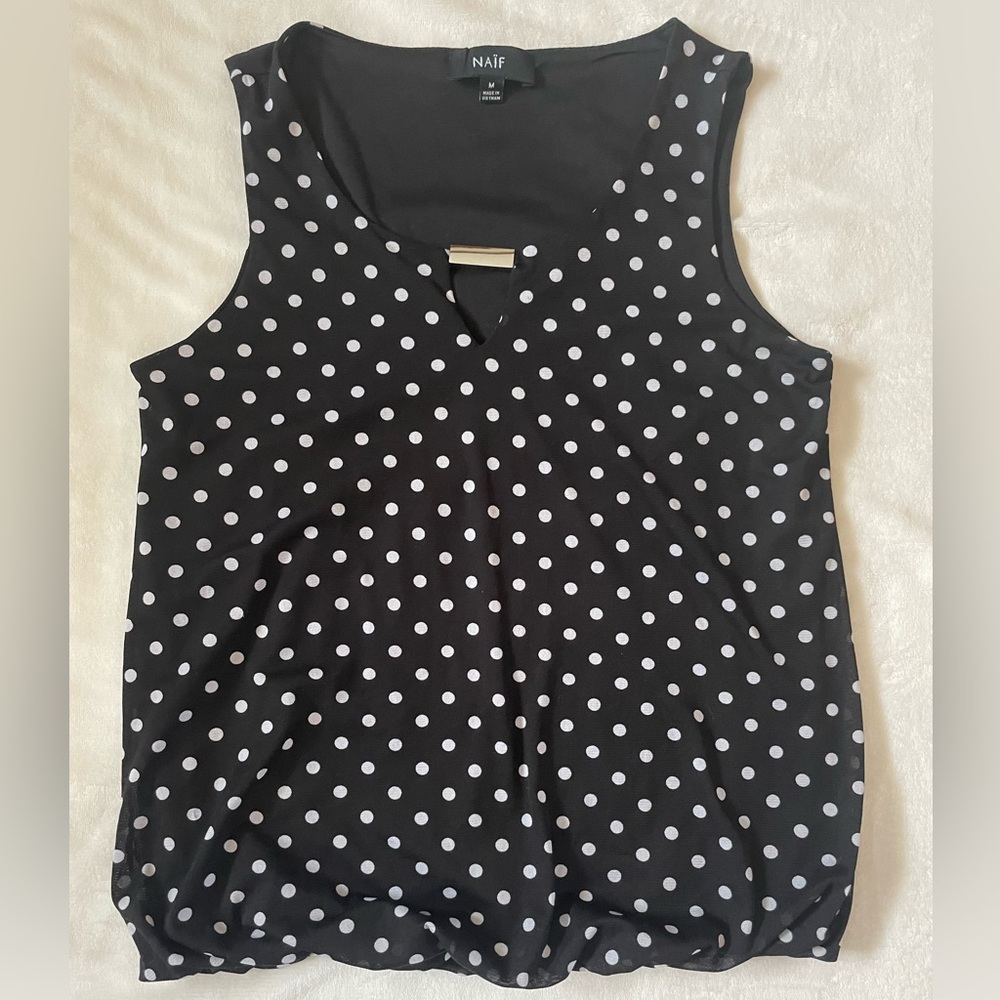 NAIF‎ Black and White Polka Dot Bubble Hem Tank Top Blouse